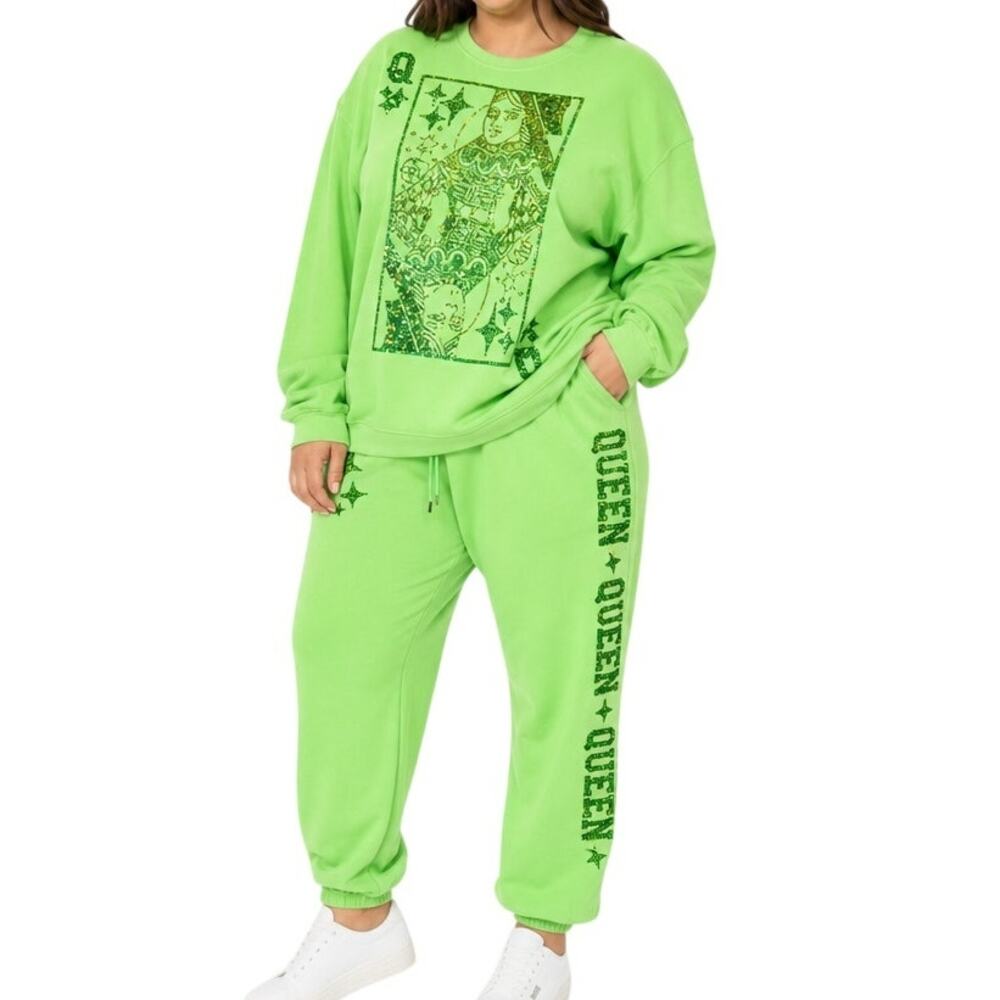 Queen of Sparkles Green Sequin Card Sweatshirt Sweatpants Set Size XXL